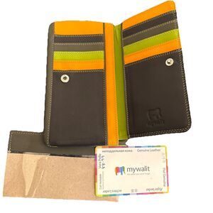 NWT MYWALIT Color Block Leather Bifold Zip Wallet Green Orange Brown